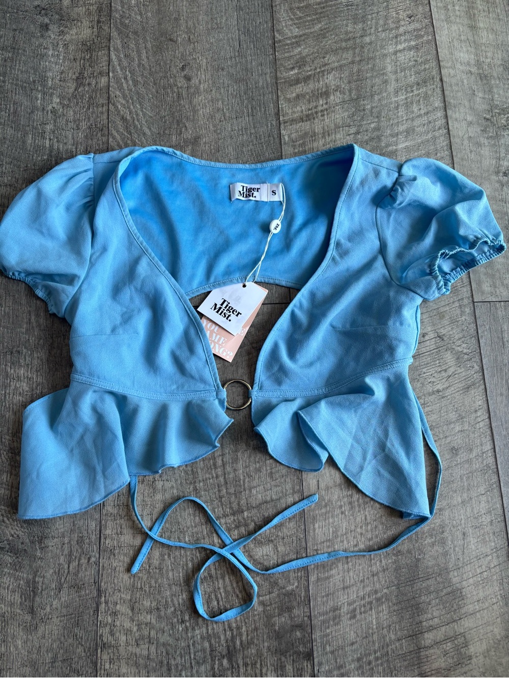 Tiger Mist Light Blue Ruffle Tie-Front Crop Top